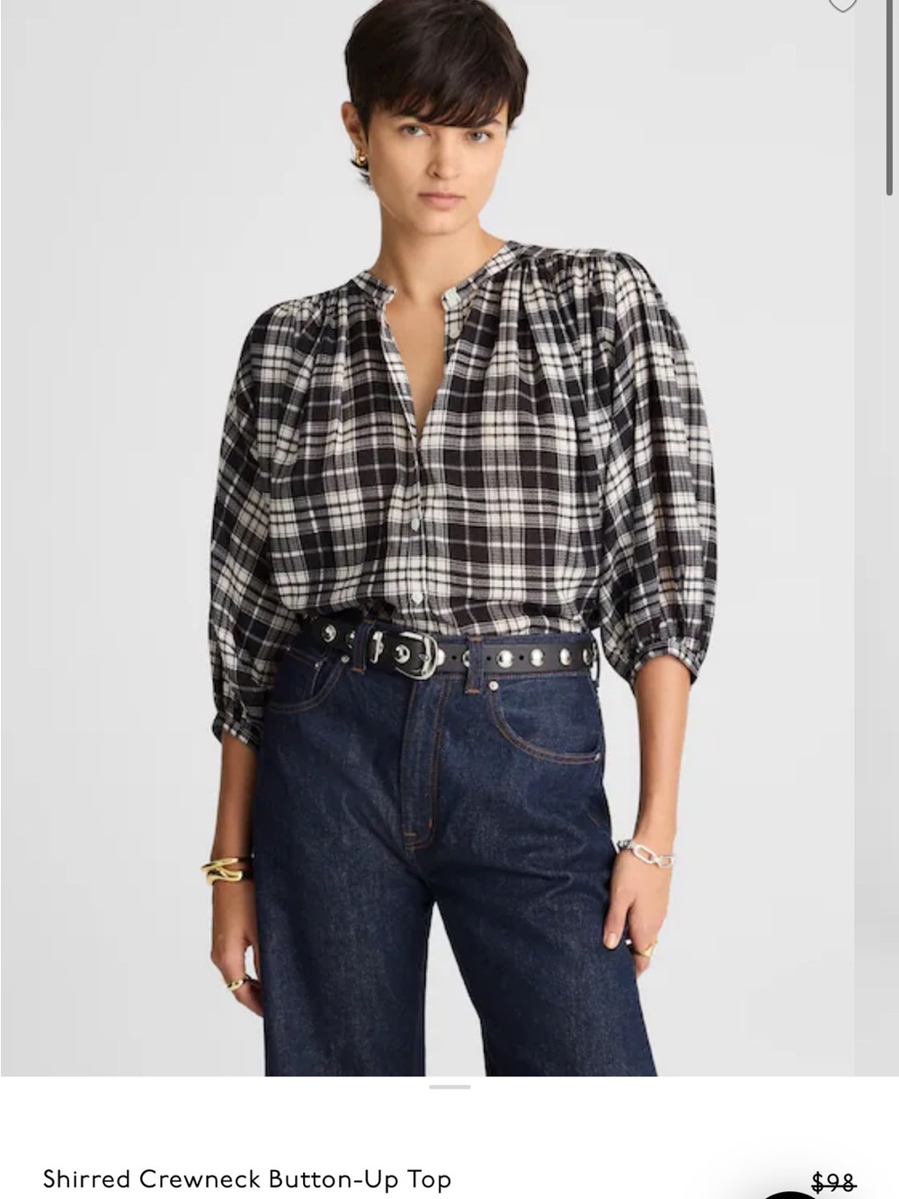 Madewell-Shirred Crewneck Button-Up Top - Black & White Plaid